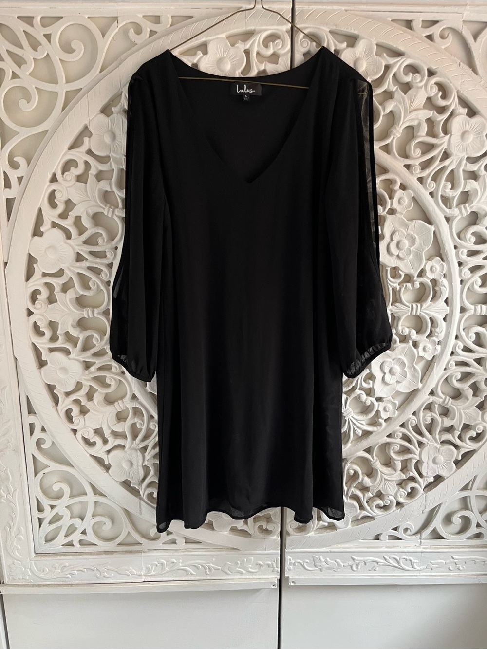 Lulus Black V Neck Mini Dress Size L Long Sleeve Flowy Sheer